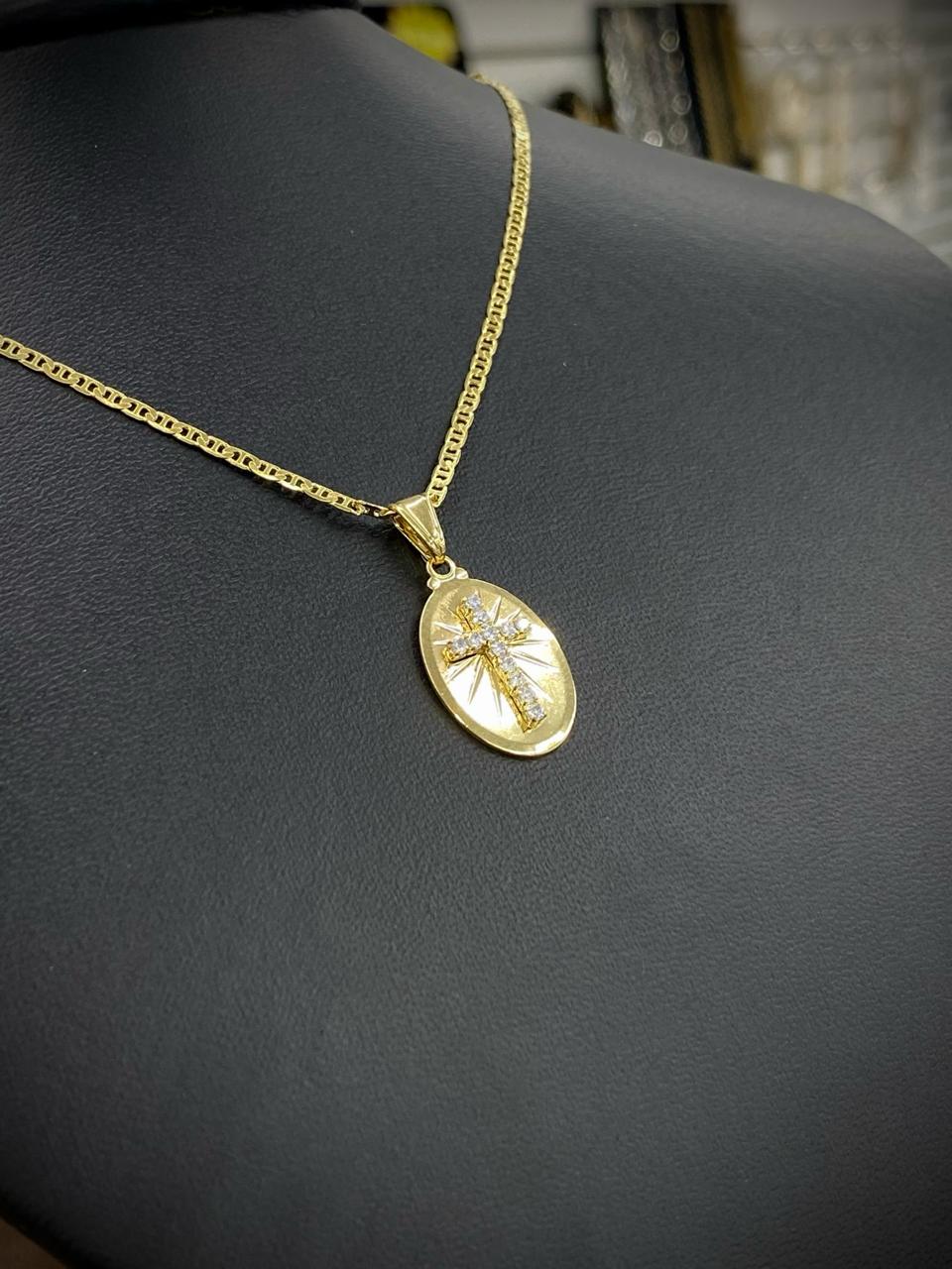 14K Gold Filled Jesus Cross Necklace Mariner Chain Womens Mens 23x14