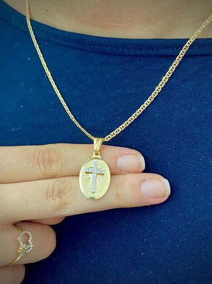 14K Gold Filled Jesus Cross Necklace Mariner Chain Womens Mens 23x14