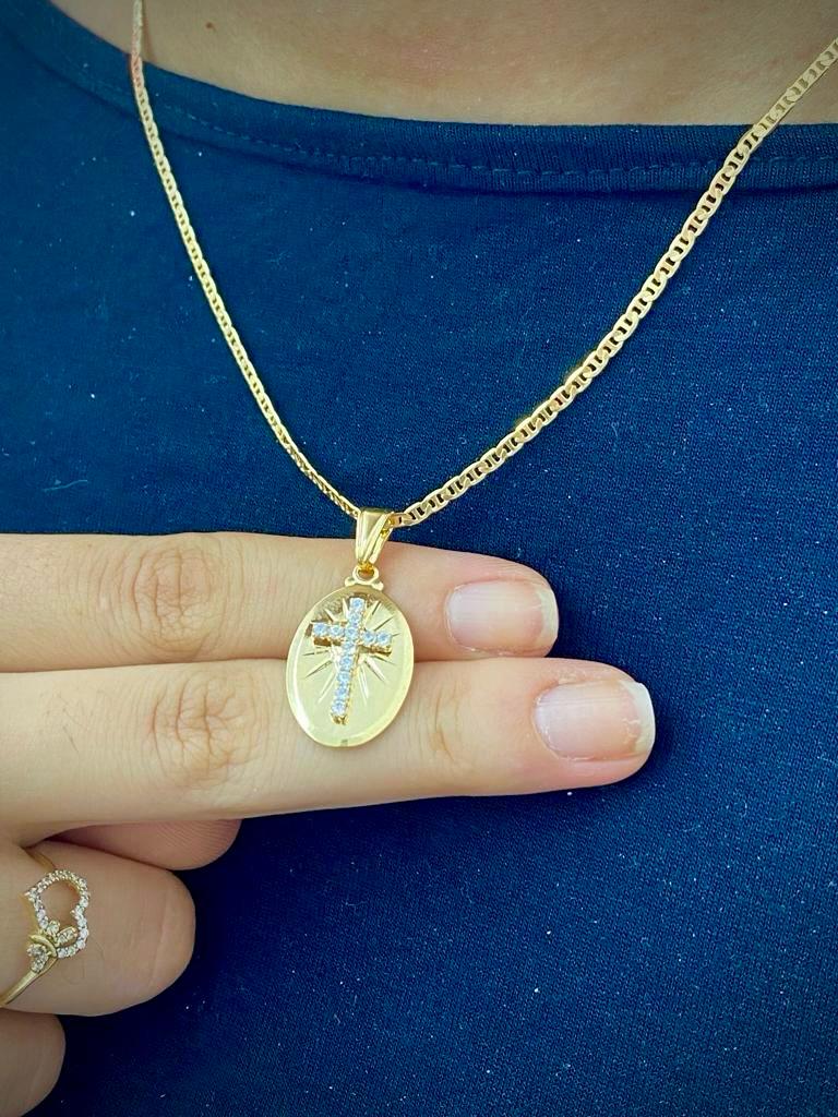 14K Gold Filled Jesus Cross Necklace Mariner Chain Womens Mens 23x14