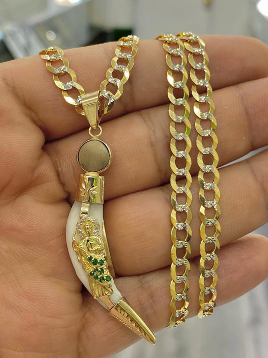 Comillo de Coyote de San Judas Manto Verde 14K Yellow Gold Coyote Teeth Cuban Chain Necklace