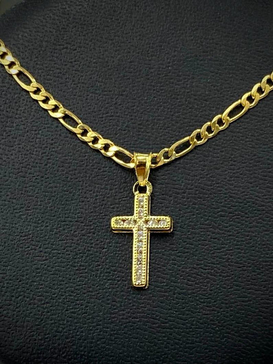 Small Cross Necklace Pendant CZ 14K Gold Filled Womens Kids Crucifix Figaro Chain 17x10