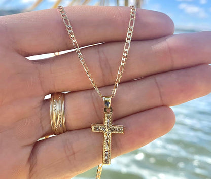 CZ Cross Charm Necklace Figaro Chain 14K Gold Filled Catholics Gifts Crucifix