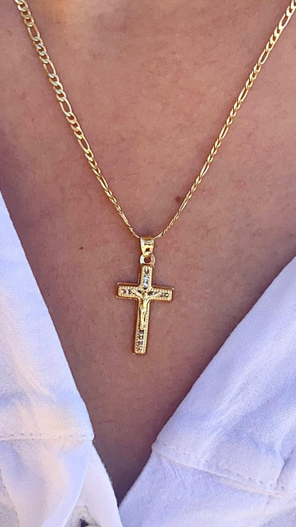 CZ Cross Charm Necklace Figaro Chain 14K Gold Filled Catholics Gifts Crucifix