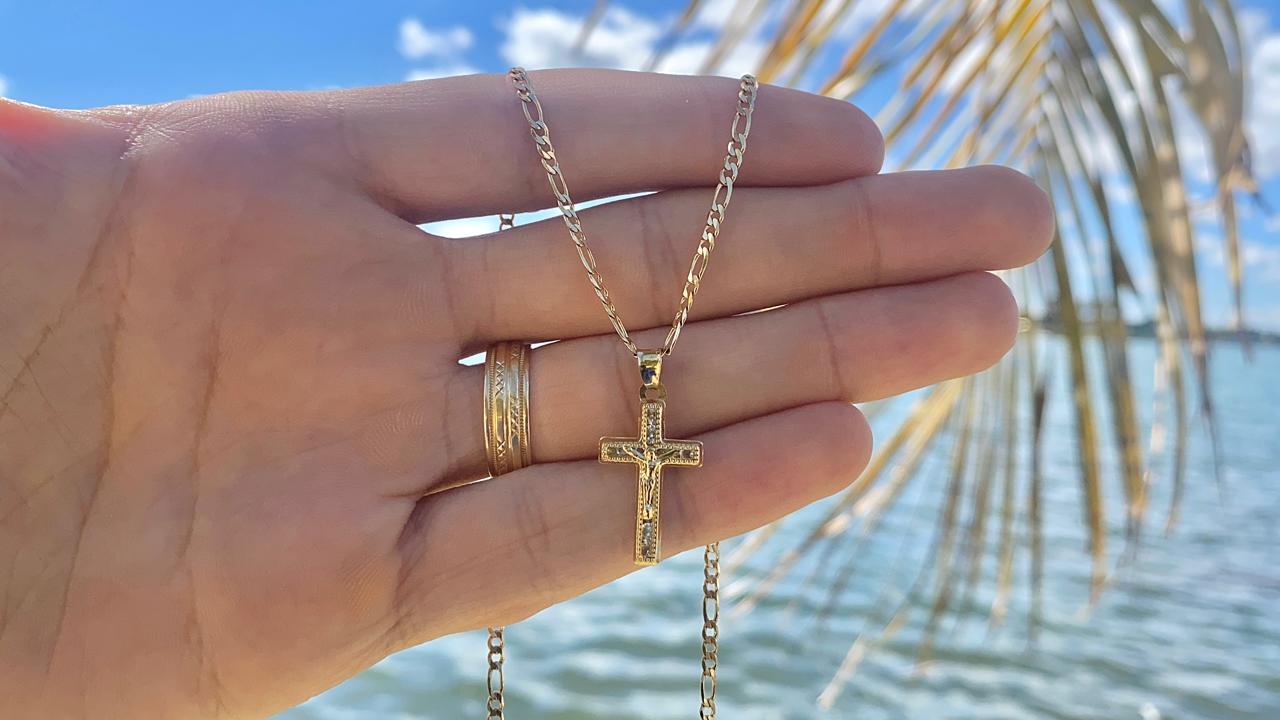 CZ Cross Charm Necklace Figaro Chain 14K Gold Filled Catholics Gifts Crucifix