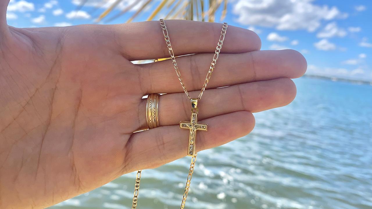 CZ Cross Charm Necklace Figaro Chain 14K Gold Filled Catholics Gifts Crucifix