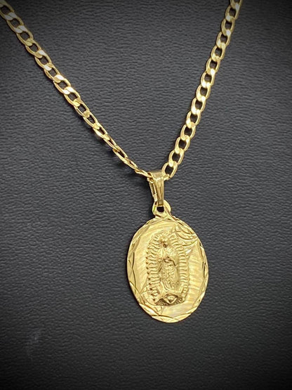 24" Yellow Virgen De Guadalupe Necklace Diamond Cut Womens Curb Chain 14K Gold Filled