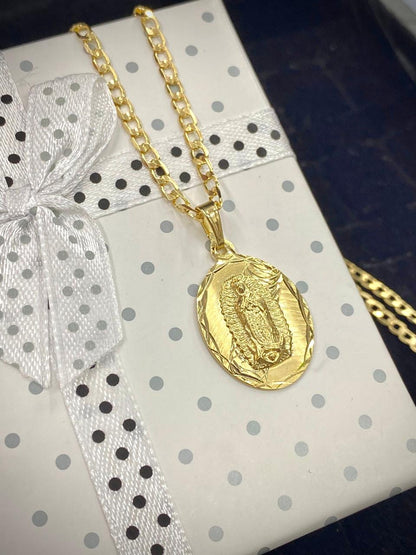 24" Yellow Virgen De Guadalupe Necklace Diamond Cut Womens Curb Chain 14K Gold Filled