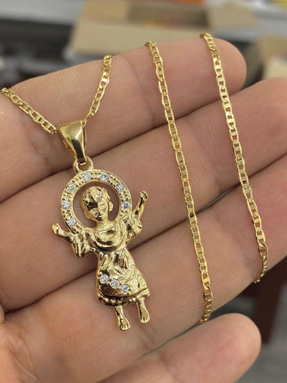 CZ Two Tone Baby Jesus Necklace Mariner Chain for Womens Mens 20"/Divino Nino Necklace Charm Pendant 31x20/Cadena del Divino Nino para Mujer