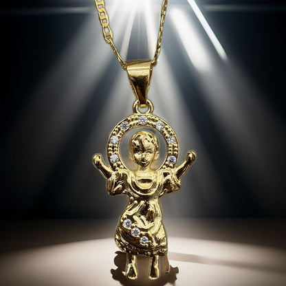 CZ Two Tone Baby Jesus Necklace Mariner Chain for Womens Mens 20"/Divino Nino Necklace Charm Pendant 31x20/Cadena del Divino Nino para Mujer