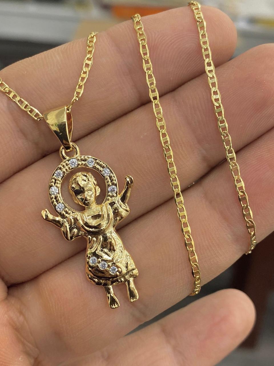 CZ Two Tone Baby Jesus Necklace Mariner Chain for Womens Mens 20"/Divino Nino Necklace Charm Pendant 31x20/Cadena del Divino Nino para Mujer