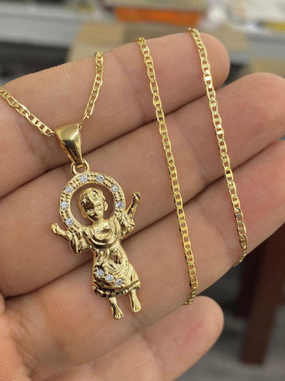 CZ Two Tone Baby Jesus Necklace Mariner Chain for Womens Mens 20"/Divino Nino Necklace Charm Pendant 31x20/Cadena del Divino Nino para Mujer