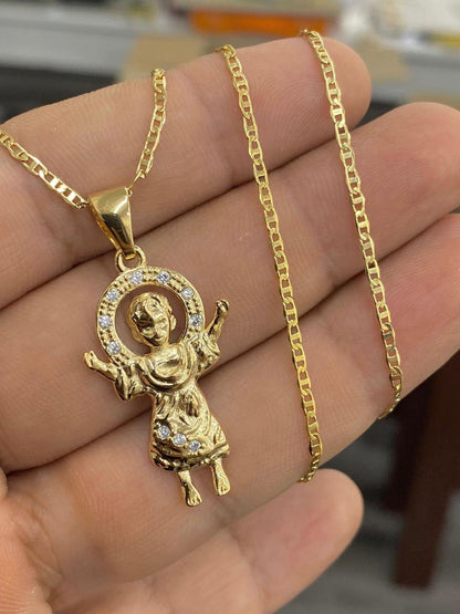 CZ Two Tone Baby Jesus Necklace Mariner Chain for Womens Mens 20"/Divino Nino Necklace Charm Pendant 31x20/Cadena del Divino Nino para Mujer