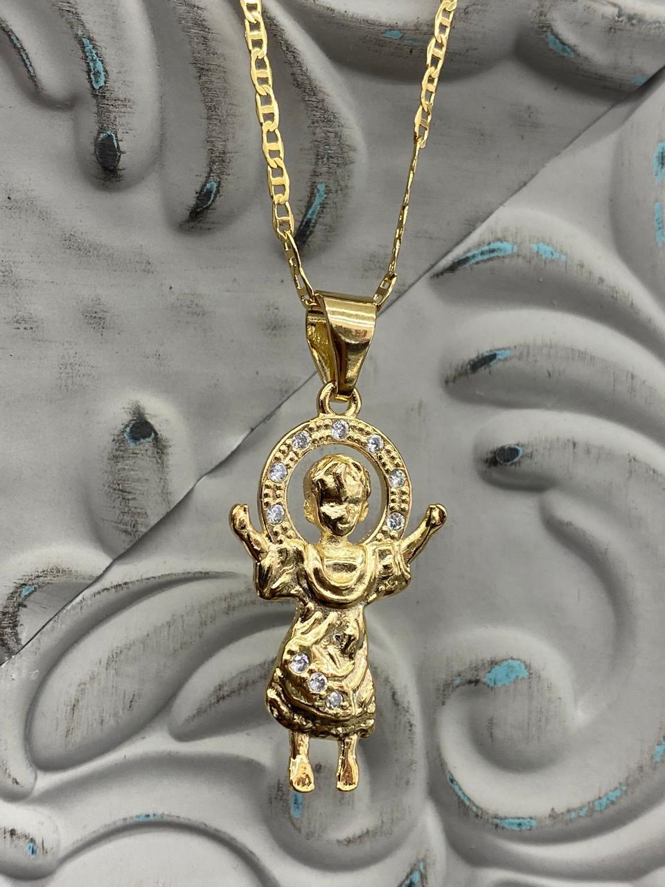 CZ Two Tone Baby Jesus Necklace Mariner Chain for Womens Mens 20"/Divino Nino Necklace Charm Pendant 31x20/Cadena del Divino Nino para Mujer