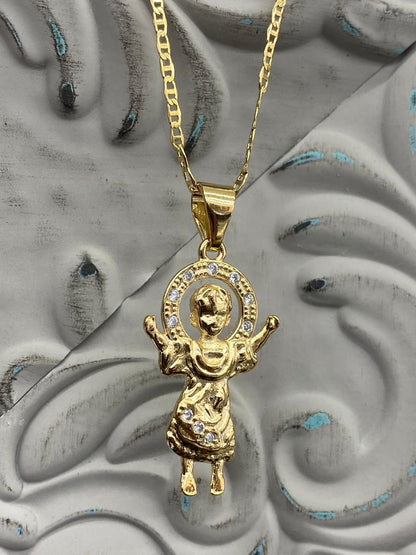 Divino Nino Necklace for Ladies Boys Girls in Gold Filled/Baby Jesus Necklace 18"/ Divine Child Pendant 31x20/ Cadena y Dije del Divino Nino