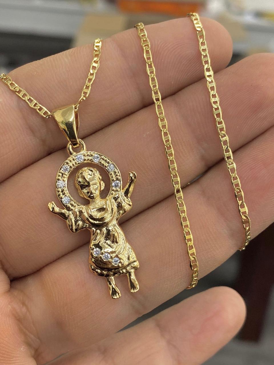 CZ Two Tone Baby Jesus Necklace Mariner Chain for Womens Mens 20"/Divino Nino Necklace Charm Pendant 31x20/Cadena del Divino Nino para Mujer