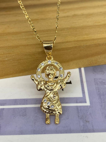 CZ Two Tone Baby Jesus Necklace Mariner Chain for Womens Mens 20"/Divino Nino Necklace Charm Pendant 31x20/Cadena del Divino Nino para Mujer