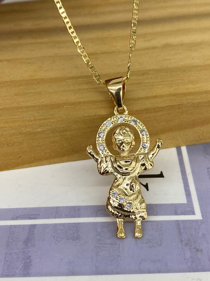 CZ Two Tone Baby Jesus Necklace Mariner Chain for Womens Mens 20"/Divino Nino Necklace Charm Pendant 31x20/Cadena del Divino Nino para Mujer