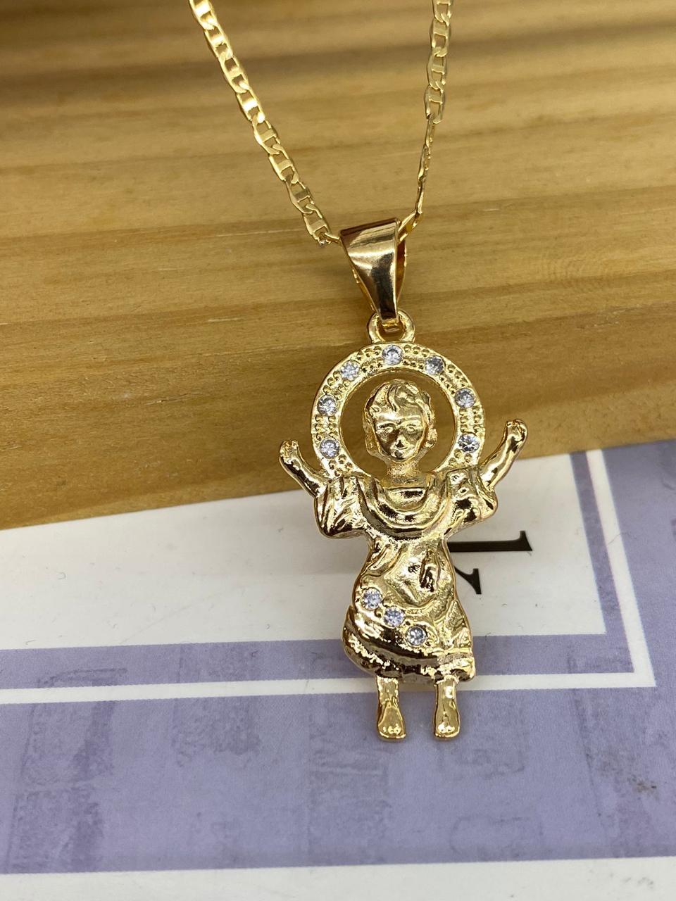 CZ Two Tone Baby Jesus Necklace Mariner Chain for Womens Mens 20"/Divino Nino Necklace Charm Pendant 31x20/Cadena del Divino Nino para Mujer