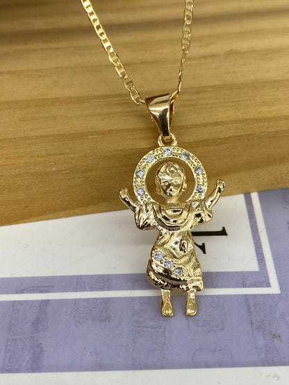 CZ Two Tone Baby Jesus Necklace Mariner Chain for Womens Mens 20"/Divino Nino Necklace Charm Pendant 31x20/Cadena del Divino Nino para Mujer