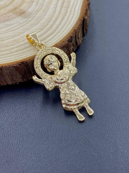 14K Yellow Gold Filled Divino Nino Pendant for Womens Mens 34x20mm/Baby Jesus Charm Pendant/Dije del Divino Nino en Oro Laminado Para Hombre