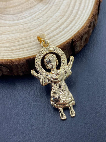 14K Gold Filled Baby Jesus Charm Pendant Necklace 34x20 for Ladies Girls Boys/Divino Nino Necklace/Mariner Link Chain 18"/Cadena Divino Nino