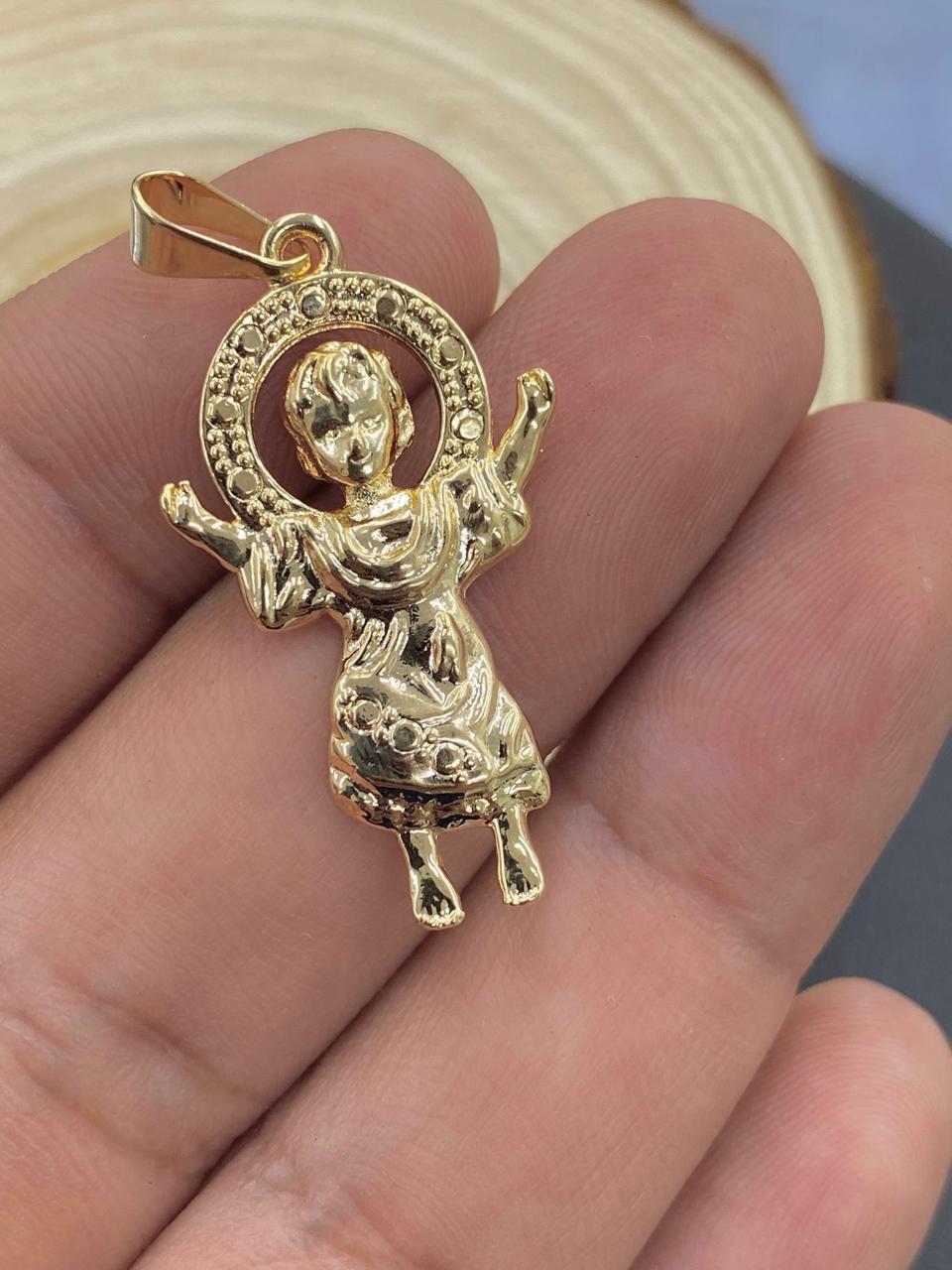 14K Gold Filled Baby Jesus Charm Pendant Necklace 34x20 for Ladies Girls Boys/Divino Nino Necklace/Mariner Link Chain 18"/Cadena Divino Nino