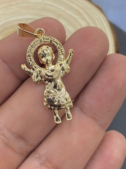 14K Gold Filled Baby Jesus Charm Pendant Necklace 34x20 for Ladies Girls Boys/Divino Nino Necklace/Mariner Link Chain 18"/Cadena Divino Nino