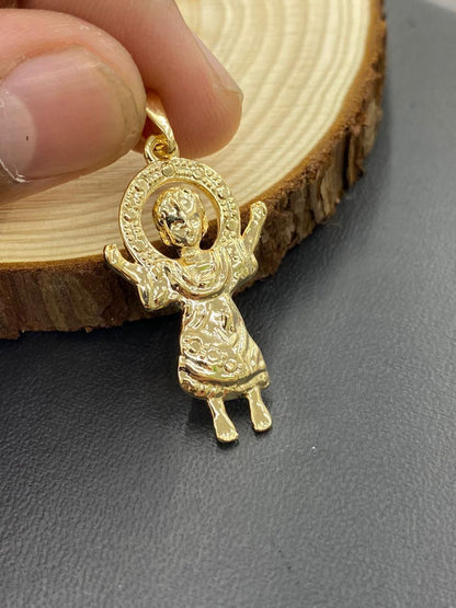 14K Gold Filled Baby Jesus Charm Pendant Necklace 34x20 for Ladies Girls Boys/Divino Nino Necklace/Mariner Link Chain 18"/Cadena Divino Nino