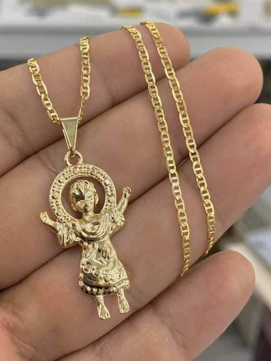 14K Gold Filled Baby Jesus Charm Pendant Necklace 34x20 for Ladies Girls Boys/Divino Nino Necklace/Mariner Link Chain 18"/Cadena Divino Nino