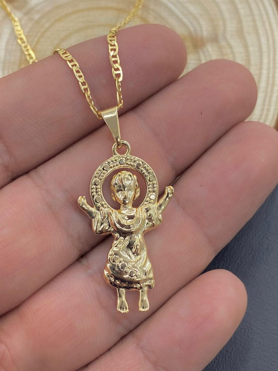 14K Gold Filled Baby Jesus Charm Pendant Necklace 34x20 for Ladies Girls Boys/Divino Nino Necklace/Mariner Link Chain 18"/Cadena Divino Nino