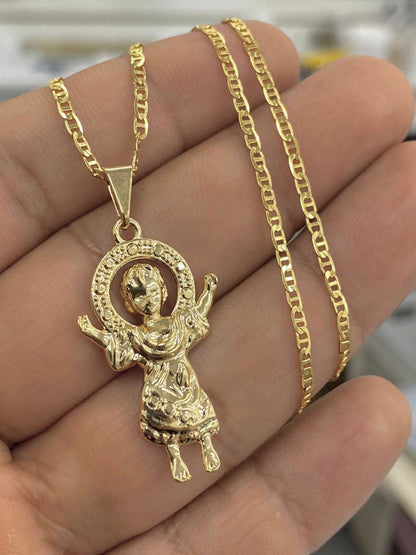 14K Gold Filled Baby Jesus Charm Pendant Necklace 34x20 for Ladies Girls Boys/Divino Nino Necklace/Mariner Link Chain 18"/Cadena Divino Nino