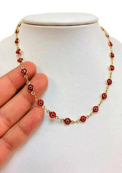 Red Evil Eye Chain Necklace  17.5" GF Fashin Elegant Cadena Mal de Ojo Oro Laminado