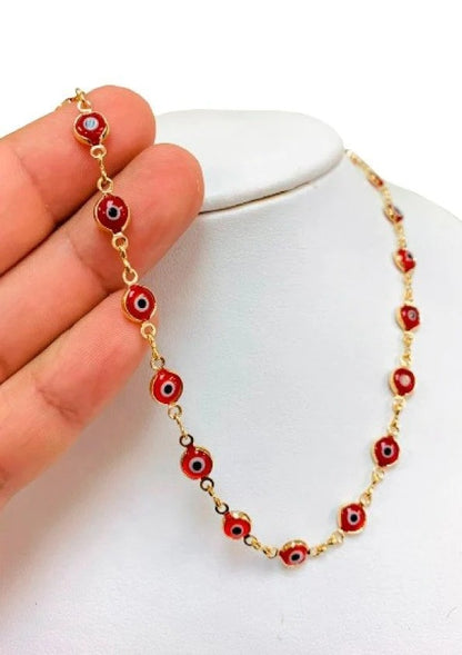 Red Evil Eye Chain Necklace  17.5" GF Fashin Elegant Cadena Mal de Ojo Oro Laminado