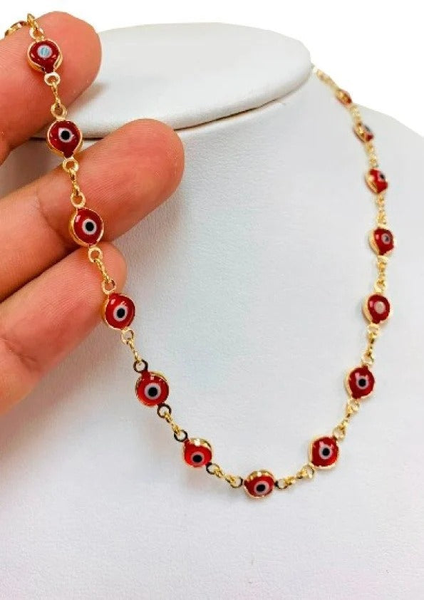 Red Evil Eye Chain Necklace  17.5" GF Fashin Elegant Cadena Mal de Ojo Oro Laminado