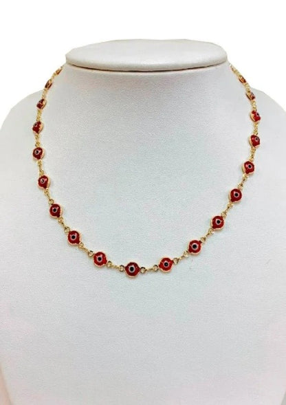 Red Evil Eye Chain Necklace  17.5" GF Fashin Elegant Cadena Mal de Ojo Oro Laminado