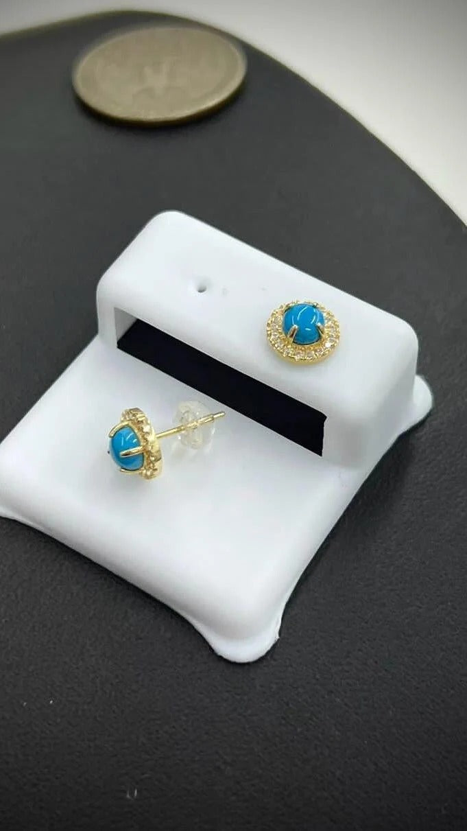 14K Yellow Gold Stud Minimalist Earrings Blue Opal CZ For Womens & Girls