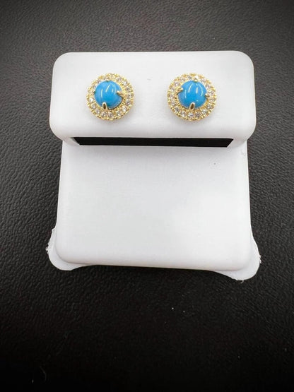 14K Yellow Gold Stud Minimalist Earrings Blue Opal CZ For Womens & Girls