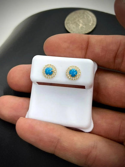 14K Yellow Gold Stud Minimalist Earrings Blue Opal CZ For Womens & Girls