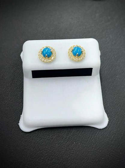 14K Yellow Gold Stud Minimalist Earrings Blue Opal CZ For Womens & Girls