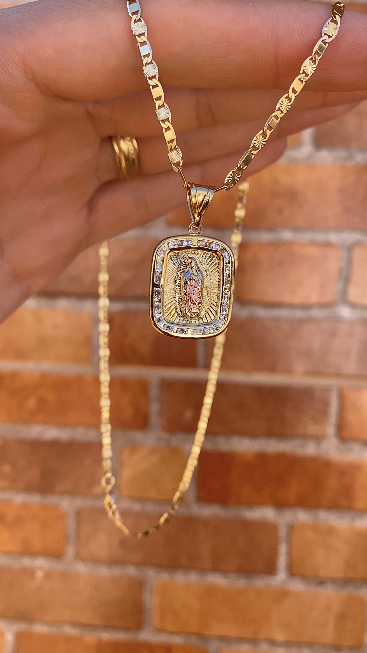 Virgencita de Guadalupe Necklace Figaro Chain Pendant 14K GF Gifts Religious Jewelry Fashion For Womens