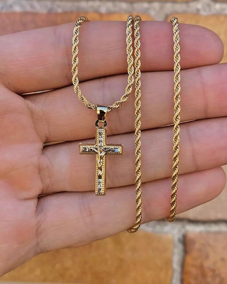 Rustic Cross Necklace 17" 14K Gold Filled Jewelry For Womens