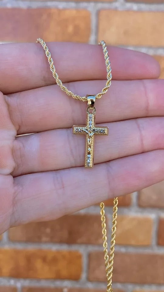 Rustic Cross Necklace 17" 14K Gold Filled Jewelry For Womens