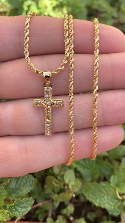 Rustic Cross Necklace 17" 14K Gold Filled Jewelry For Womens