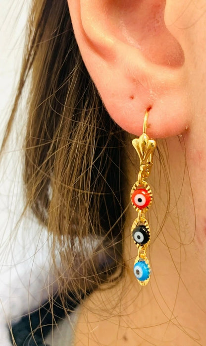 Evil Eye Lever Back Earrings for Womens Gold Filled 40x5.5mm
