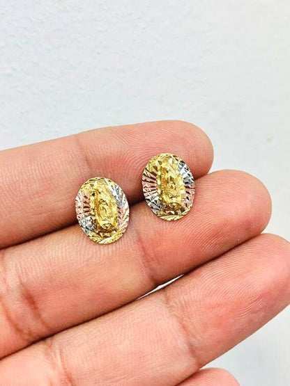 14K Gold Filled Tri Color Virgen de Guadalupe Stud Earrings Push Back 13x10mm / Everyday Earrings / Women's Earrings / Aretes de Guadalupe Tres Colores en Oro Laminado