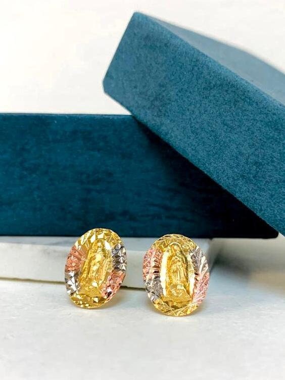 14K Gold Filled Tri Color Virgen de Guadalupe Stud Earrings Push Back 13x10mm / Everyday Earrings / Women's Earrings / Aretes de Guadalupe Tres Colores en Oro Laminado