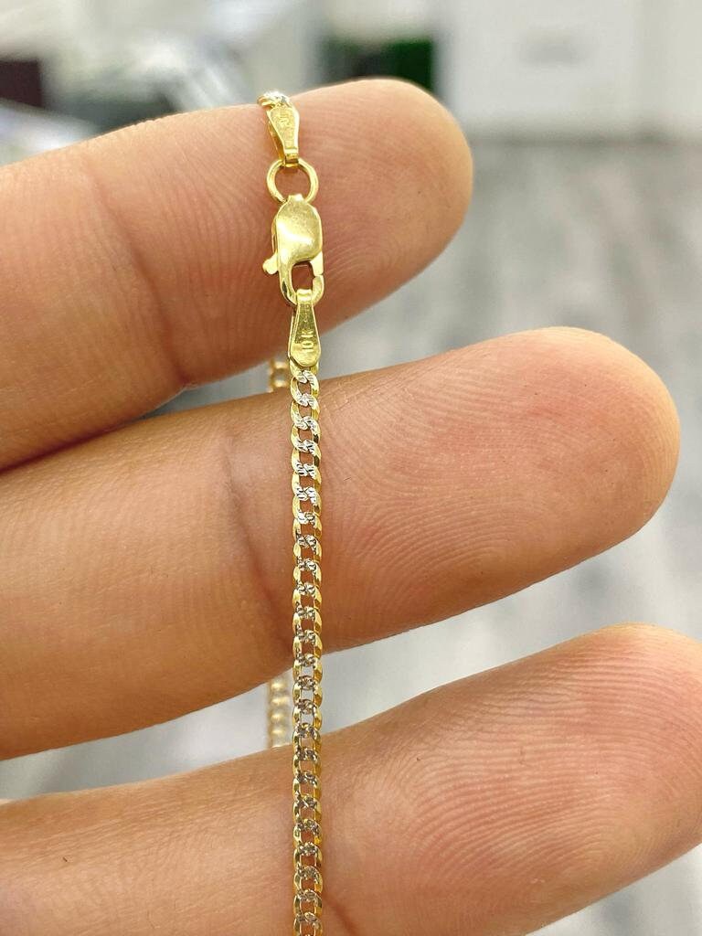 1.8mm 10K Yellow Gold Curb Chain Necklace Two Tone Birthday Gifts Dainty Diamond Cut
