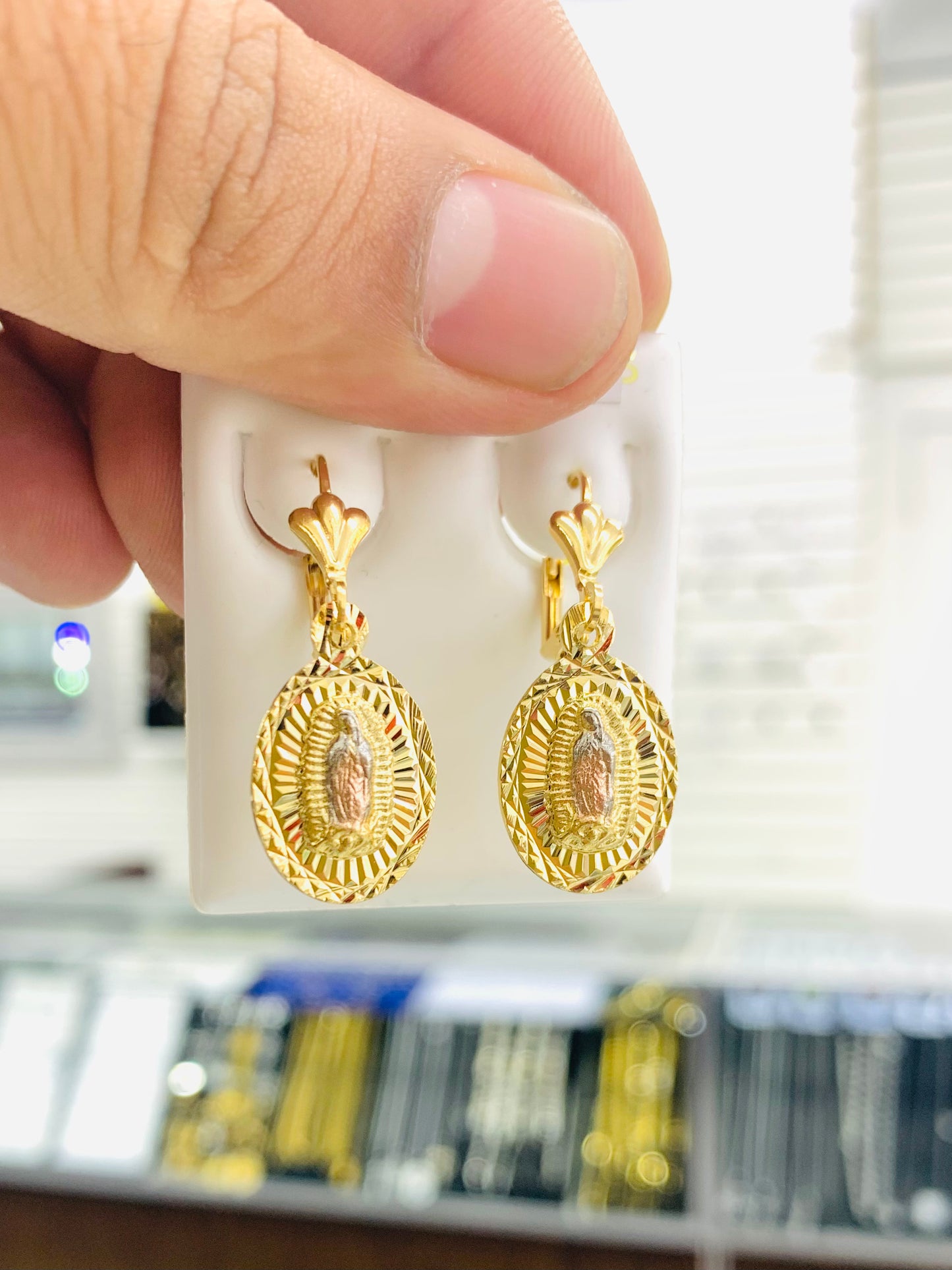 14K Gold Filled Virgen de Guadalupe Earrings Lever Back Dangle Jewelry Womens Diamond Cut