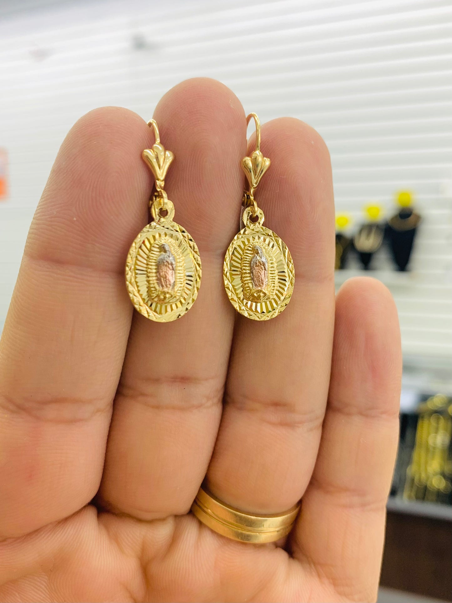 14K Gold Filled Virgen de Guadalupe Earrings Lever Back Dangle Jewelry Womens Diamond Cut