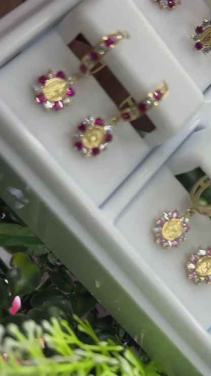 14K Yellow Gold CZ Virgen de Guadalupe Huggies Earrings for Womens Flowers